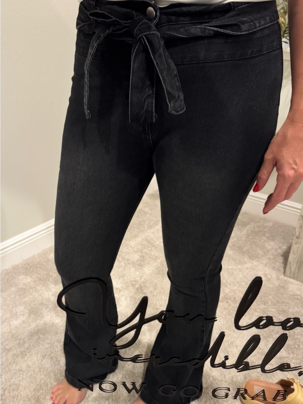 Black Tie-Waist Flare Jeans